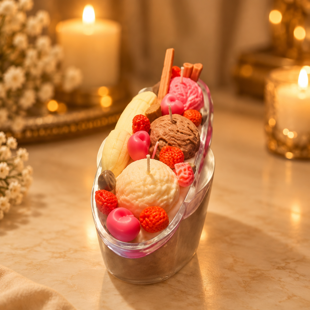 Banana boat ice cream candle on a warm golden background