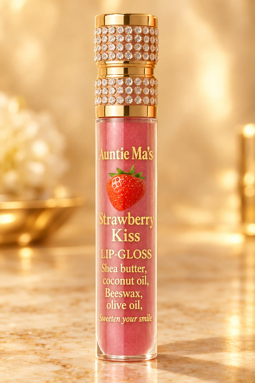 Auntie Ma's Strawberry Kiss Lip Gloss on a warm golden background