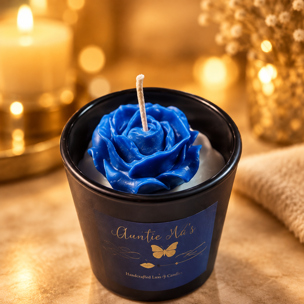 Midnight Rose candle with blue rose in a black Auntie Ma's jar on a warm golden background