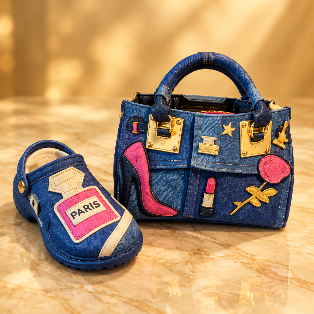 Weekend in Paris blue patchwork handbag and matching clog
