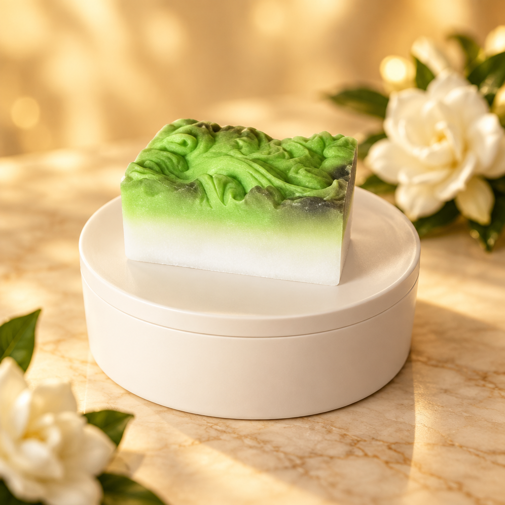 Auntie Ma's Gardenia Triple Butter Soap on a warm golden background