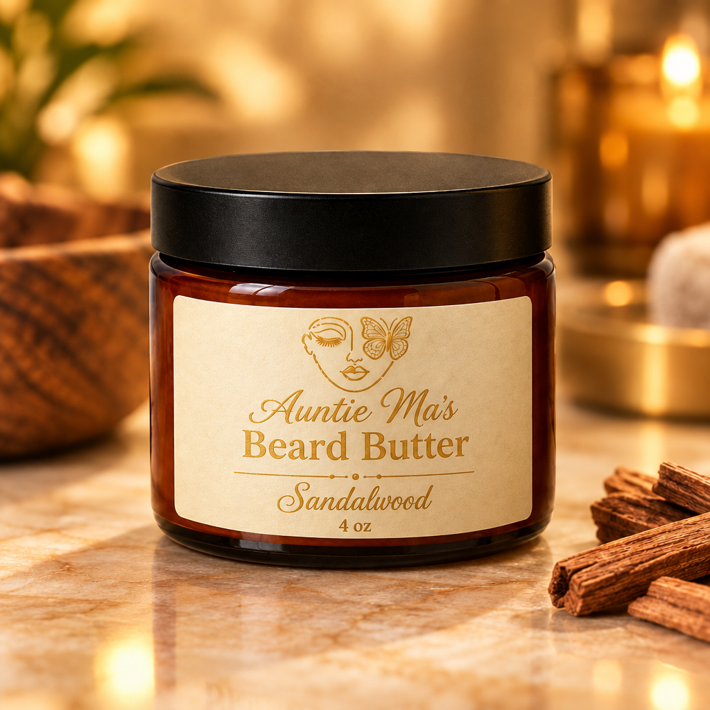 Auntie Ma's Sandalwood Beard Butter 4 oz jar with cream and gold label