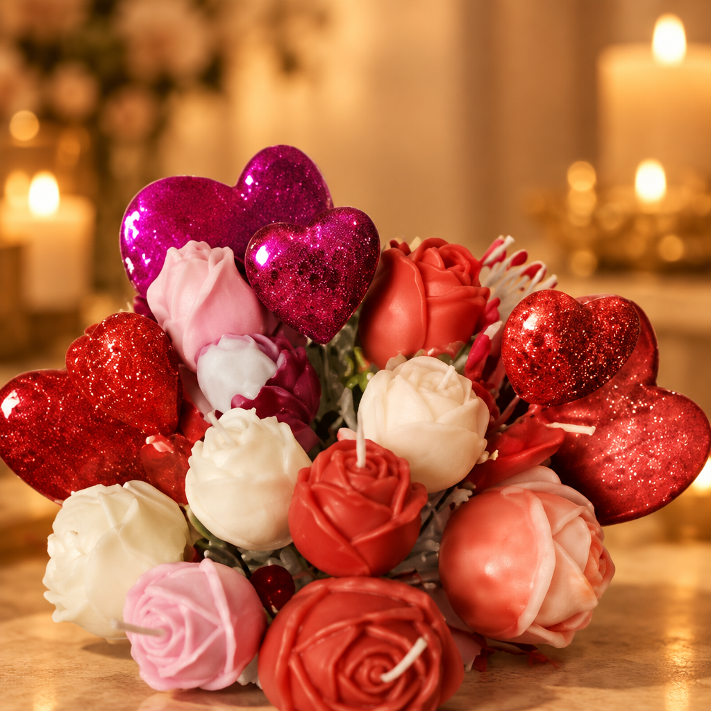 Bouquet of 12 rose candles on a warm golden background