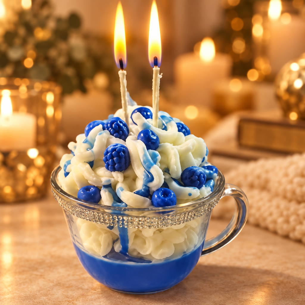 Blueberry Delight Ice Cream Candle on a warm golden background