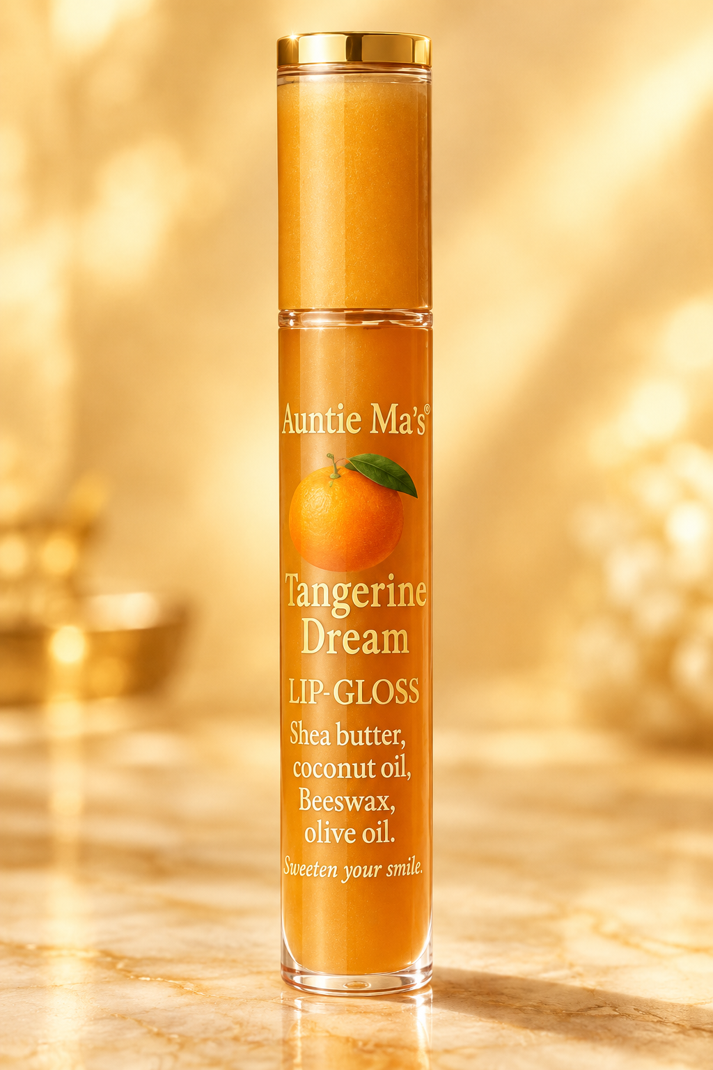 Auntie Ma's Tangerine Dream Lip Gloss on a warm golden background