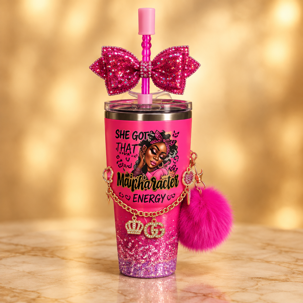 Hot pink butterfly glam custom tumbler with pom-pom charm
