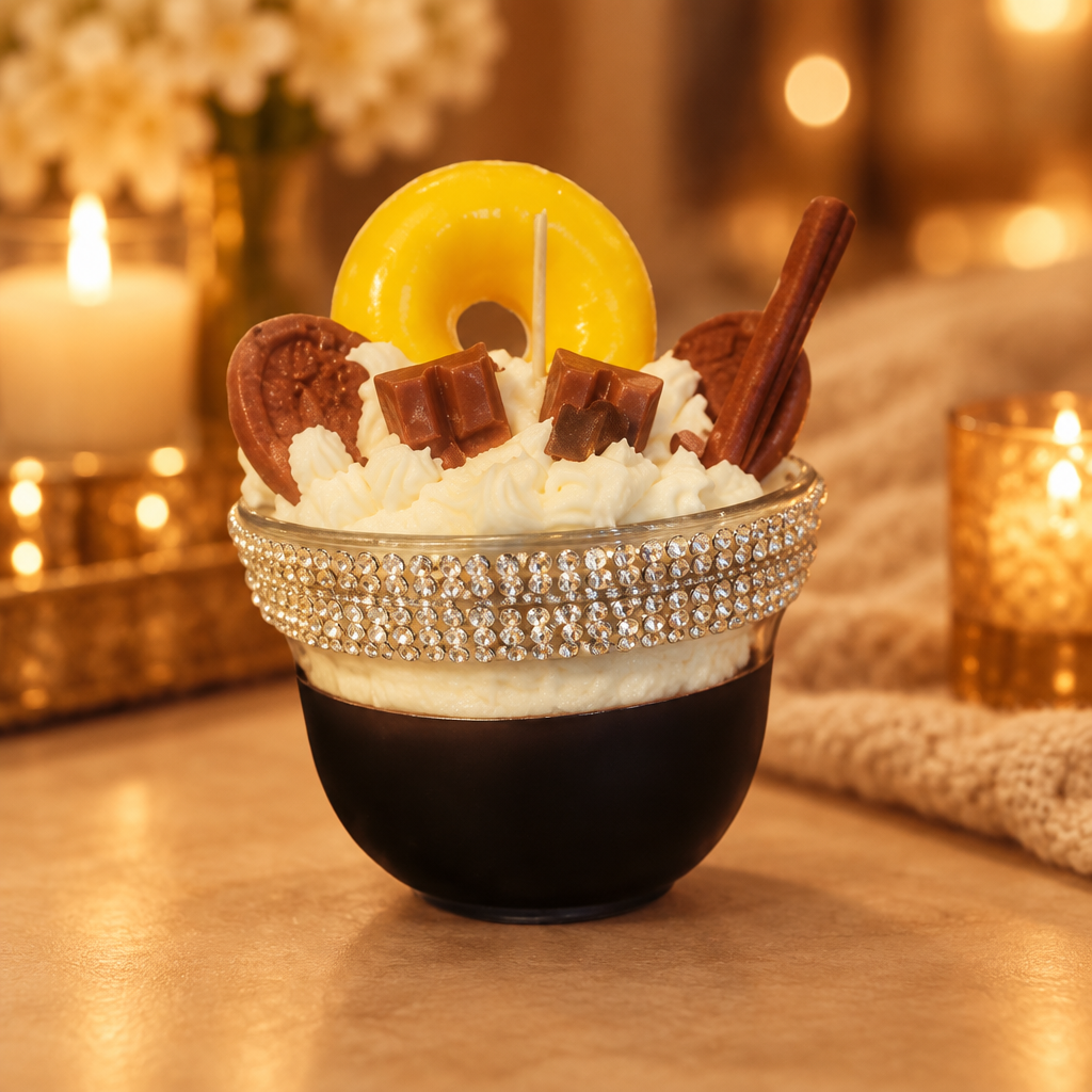Hot cocoa candle with whipped cream and donut on a warm golden background