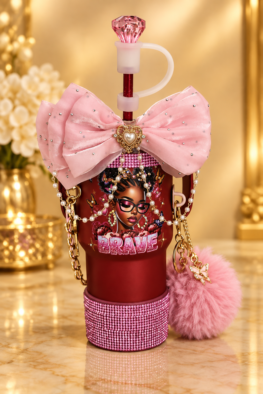 Brave Beauty custom tumbler with pink rhinestone bow