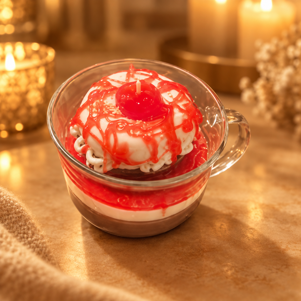 Strawberry chocolate donut sandwich candle in a glass mug on a warm golden background