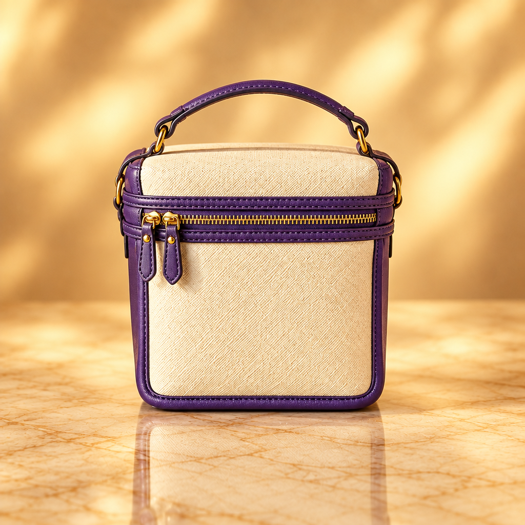 Petite cream vanity bag with purple trim