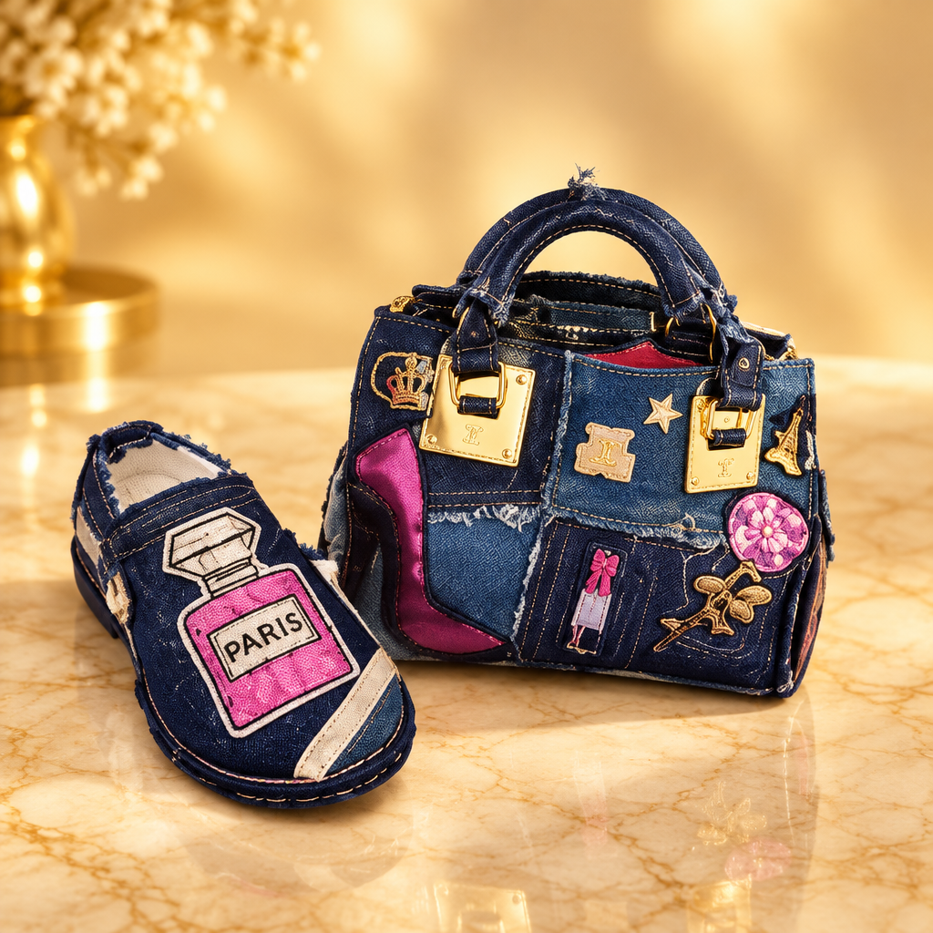 Paris Perfume navy denim handbag and matching slip-on shoe