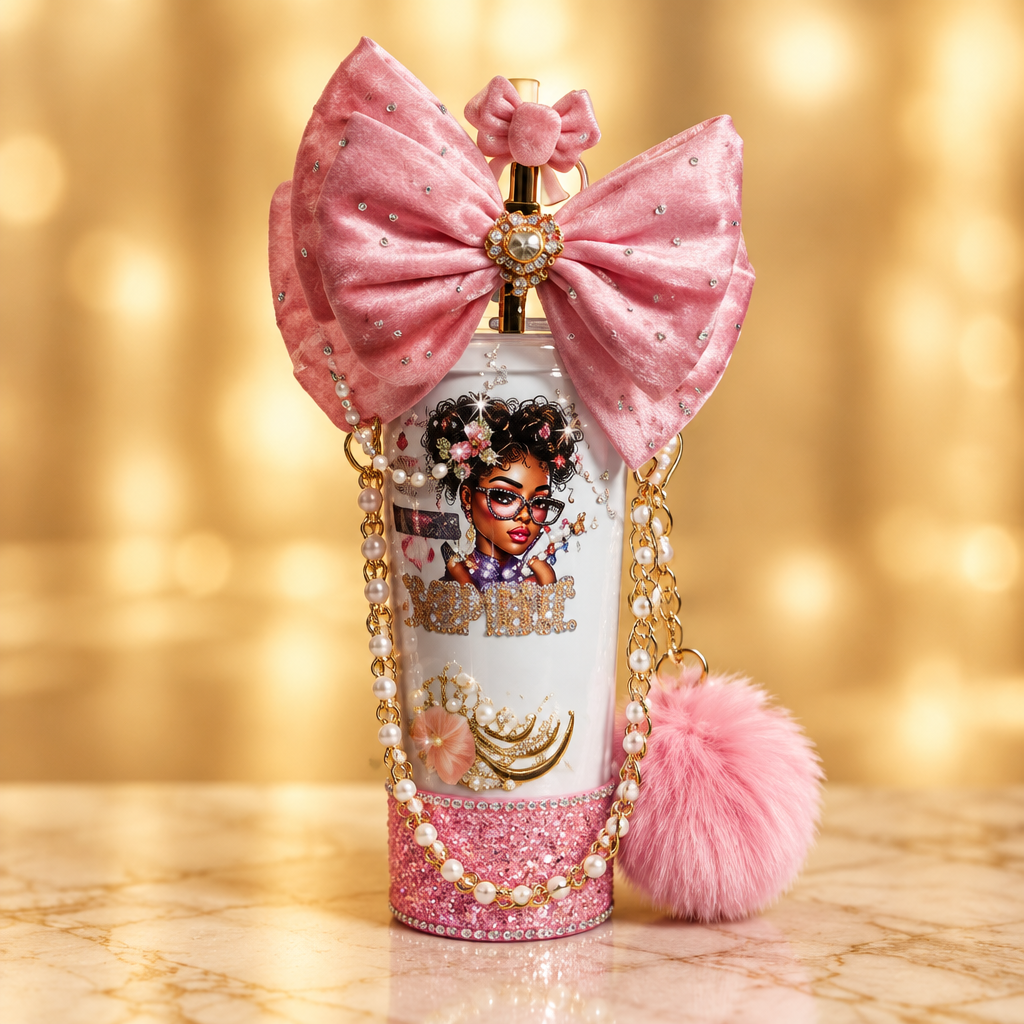 Pretty in Pink custom bow tumbler with pearl strap