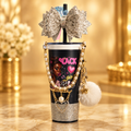 Black and silver glam bow custom tumbler with pearl strap