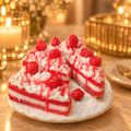 Sliced strawberry shortcake candle on a plate with a warm golden background
