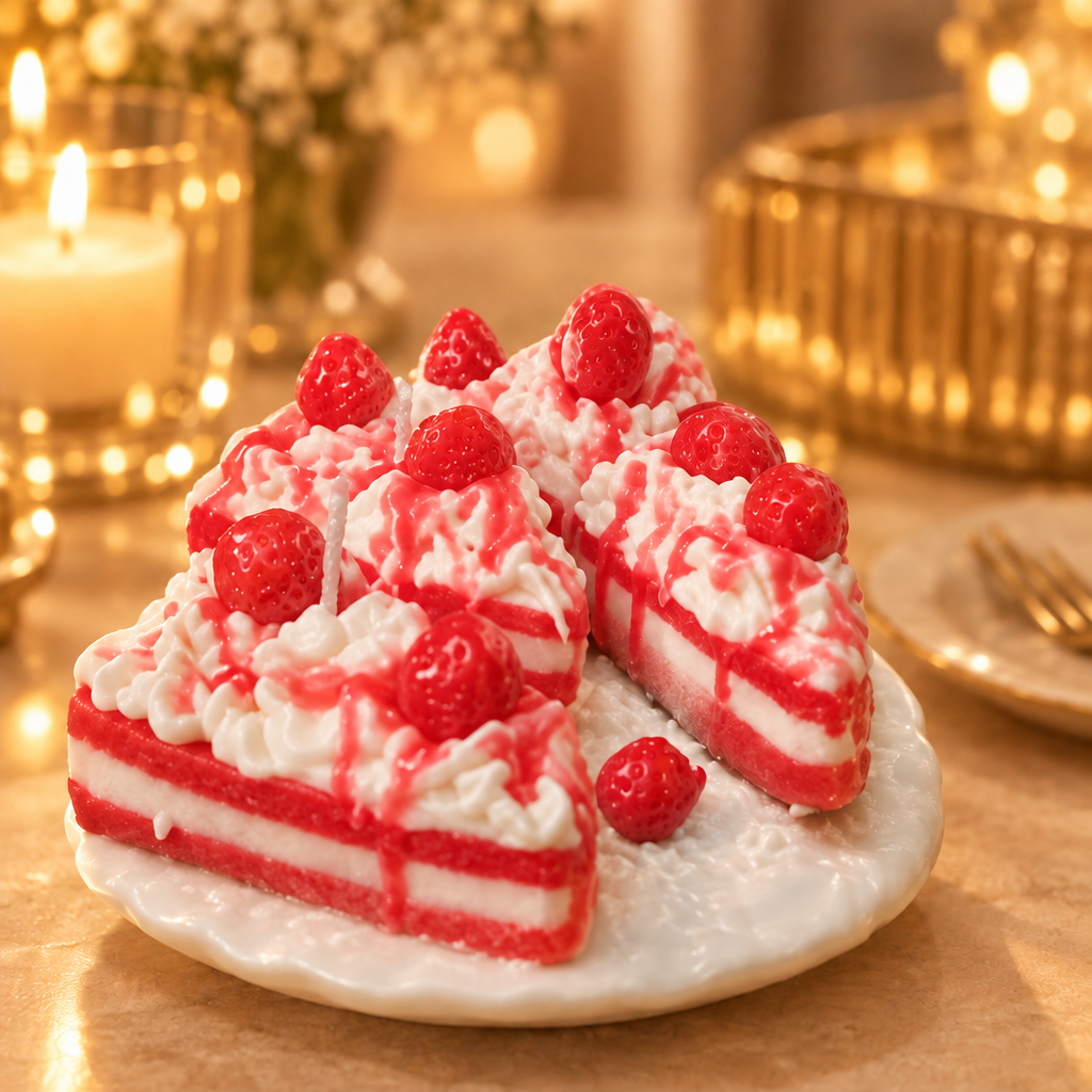 Sliced strawberry shortcake candle on a plate with a warm golden background