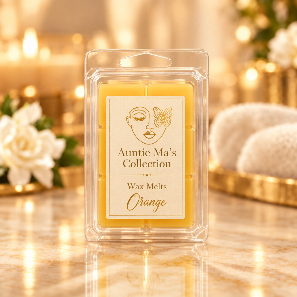 Orange wax melts with cream-and-gold branding