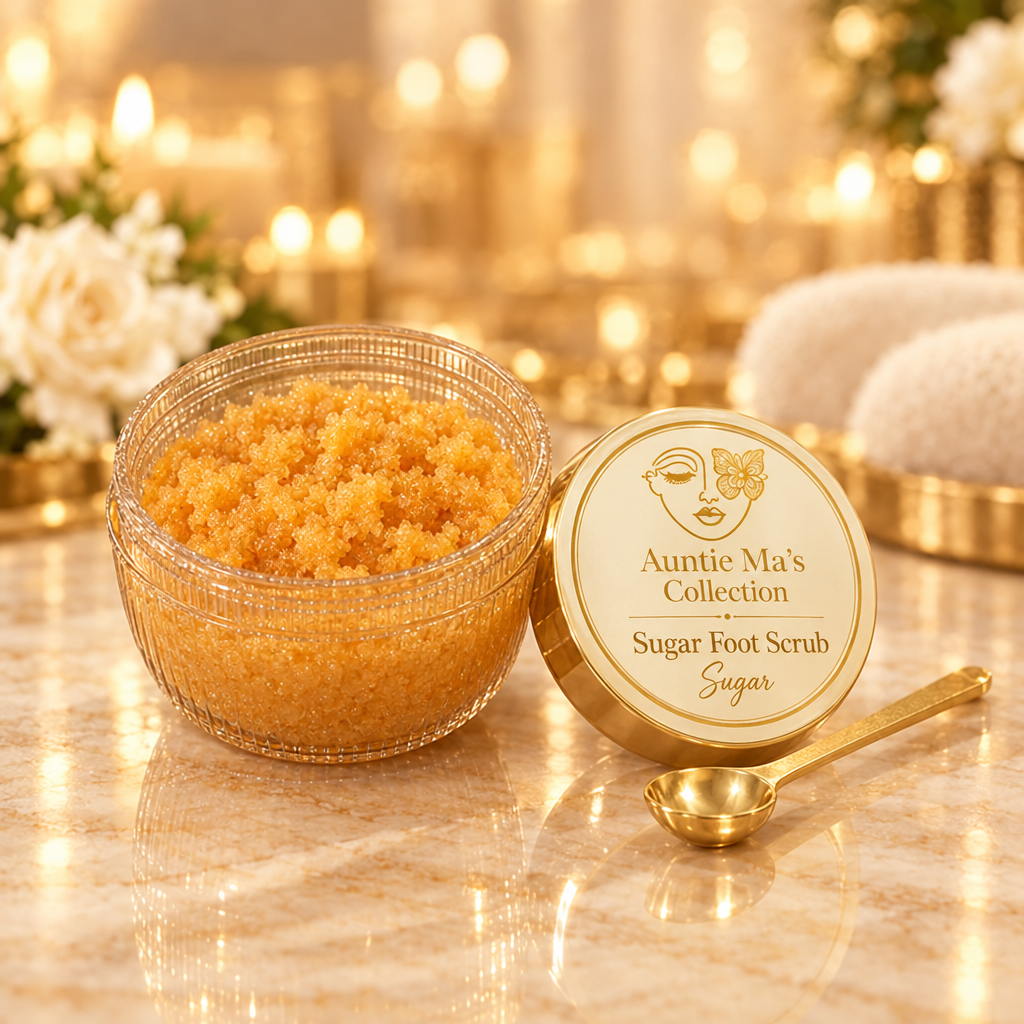 Sugar foot scrub with cream-and-gold lid label